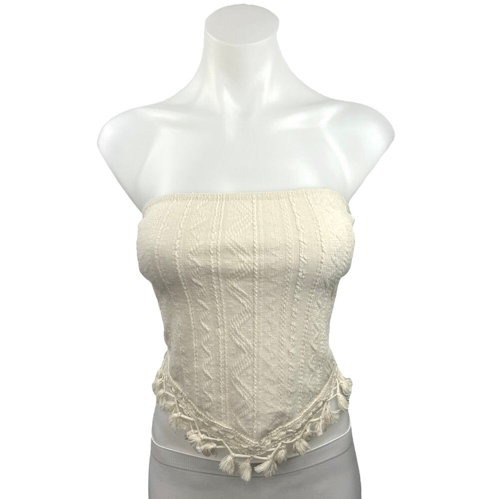 Shein Curve Cream Strapless Pointed Hem Chic Boho Tasseled Tie Crop Top Size XXL
